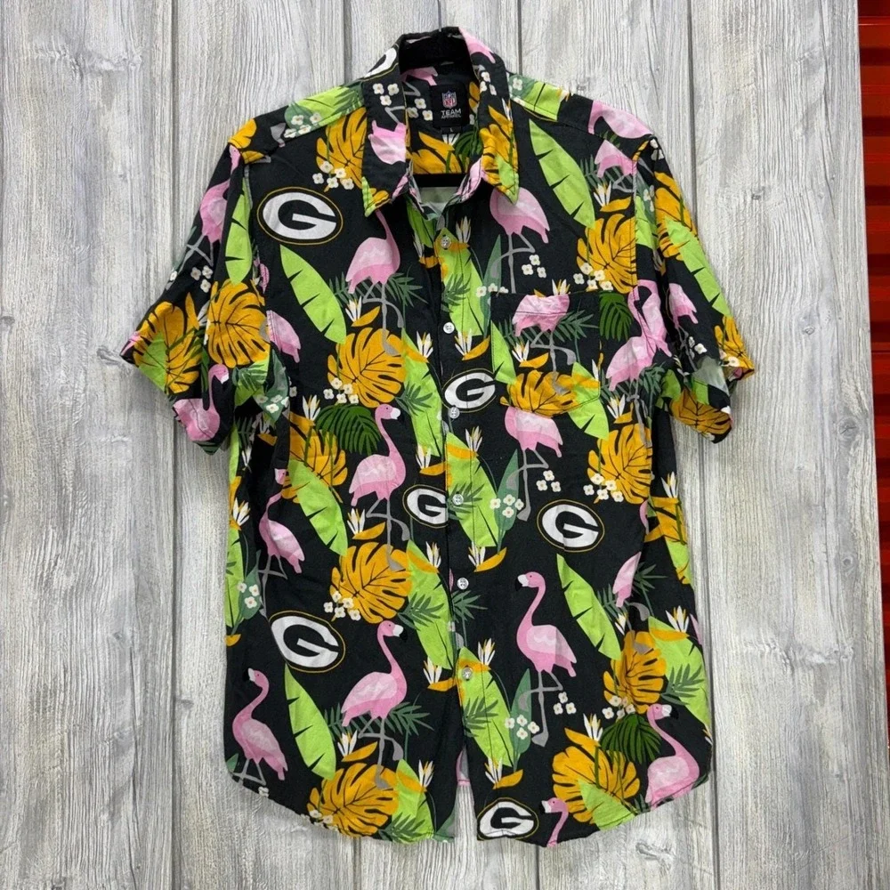 NFL Green Bay Packers Mens Large Flamingo Tropical Viscose Button Up Shirt Black